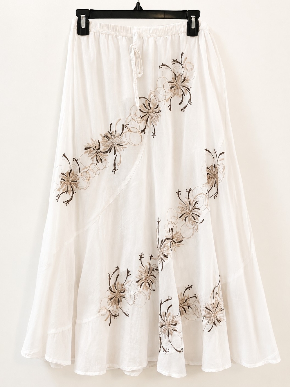 Metro Wear White Maxi Skirt with Tan & Brown Floral Embroidery